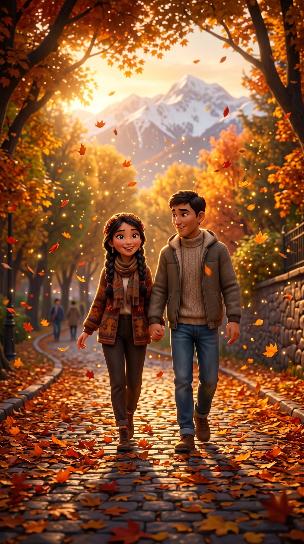 Couple walking down an autumn alley